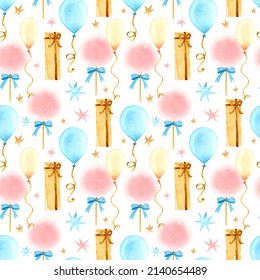 Birthday Balloons, Gifts And Cotton Candy Watercolor Seamless Pattern	