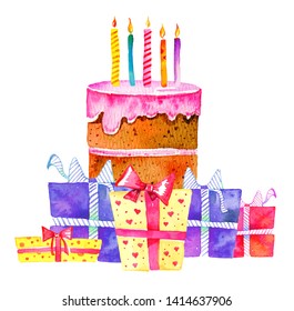 Birthday cake with candles and different gift boxes. Hand drawn cartoon watercolor sketch illustration on white background - Powered by Shutterstock