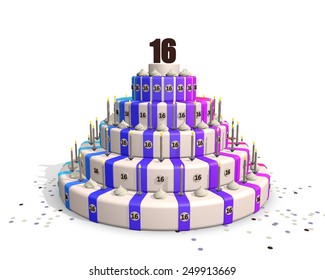 Birthday cake with happy colors - candles and confetti. A chocolate number 16 on top - Powered by Shutterstock