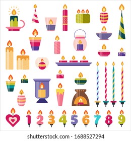 Birthday cake and holiday candles set. Numbers with flame in flat style. Wax candles with fire for decoration, aromatherapy, party, relax. - Powered by Shutterstock