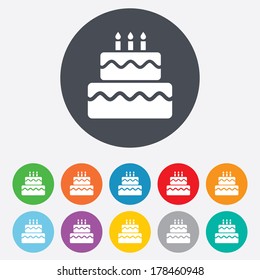 Birthday Cake Sign Icon. Cake With Burning Candles Symbol. Round Colourful 11 Buttons.