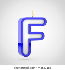 Birthday candle letter F uppercase. 3D render of blue cake candle font with wick and flame isolated on white background.