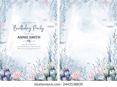 Birthday card and baby shower invitation under the sea theme background template Blue watercolor ocean fish, turtle, whale and coral. Shell aquarium background. Nautical dolphin marine illustration - Powered by Shutterstock