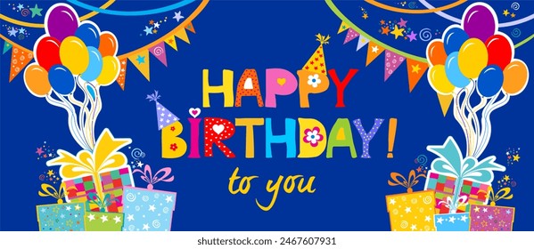 Birthday card. Celebration blue background with gift boxes, Balloons, Birthday hat and place for your text.  Horizontal banner. Greeting, invitation card or flyer.  illustration - Powered by Shutterstock