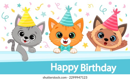 Birthday card with funny cats. Cartoon kitten. Happy birthday. Kittens in holiday hats. Birthday party banner.  - Powered by Shutterstock