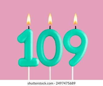 Birthday card with green number 109 candle - Pastel pink background - Powered by Shutterstock