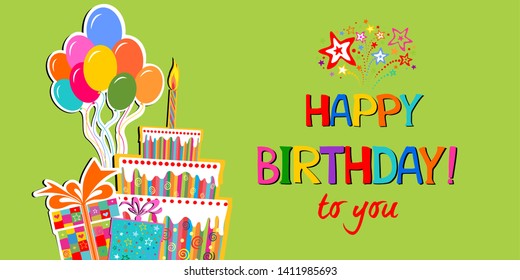 Birthday card. Happy birthday to you.  Celebration green background with gift boxes, coloful Balloons, Big Birthday cake with candle and place for your text.  illustration - Powered by Shutterstock