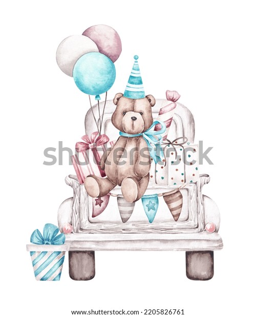 Birthday card illustration hand\
drawn by watercolor. Isolated on white background. Toy car, teddy\
bear in party hat, balloons, presents. Retro, vintage\
style