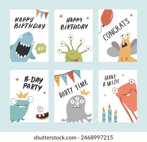 Birthday cards set with Cute monsters. Cartoon monsters collection. illustration. - Powered by Shutterstock