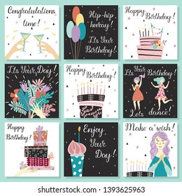 Birthday cards set. Рand drawn illustration in retro style. - Powered by Shutterstock