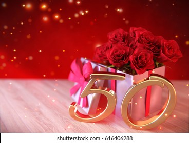 birthday concept with red roses in gift on wooden desk. fiftieth birthday. 50th. 3D render - Powered by Shutterstock