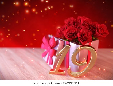 birthday concept with red roses in the gift on wooden desk. nineteenth. 19th. 3D render
