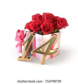 birthday concept with red roses in gift isolated on white background. fourteenth. 14th. 3D render