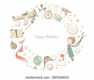 Birthday greeting card "Little Prince". Oval frame. White background. Aviation and travel. Stock illustration. Cute cartoon style.
