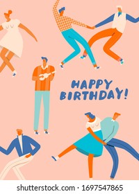 Birthday Greeting Card With Retro Sock Hop Dancers Dancing On The Party In 50s Retro Style.
