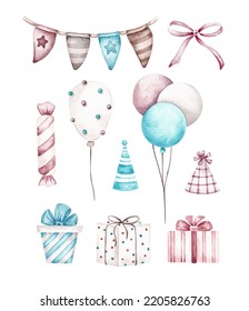 Birthday Illustrations Set Hand Drawn By Watercolor. Isolated On White Background. Flags, Party Hat, Balloons, Presents, Bow. Retro, Vintage Style