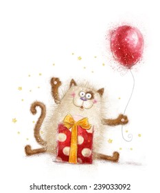 Birthday invitation card with funny Cat with gift and balloon.