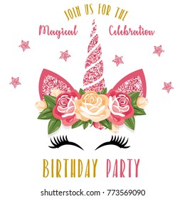 Birthday Invitation With Unicorn And Pink Glitter