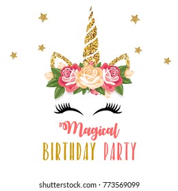 Birthday Invitation With Unicorn And Pink Glitter