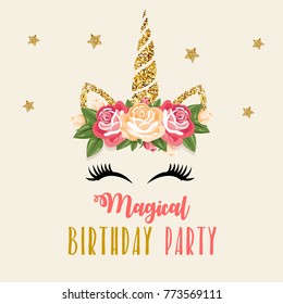 Birthday Invitation With Unicorn And Pink Glitter