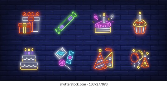 Birthday neon sign set. Gifts, air balloons, hat, cake, cupcake with candle. Vector illustration in neon style, bright banner for topics like party, festive event, celebration
