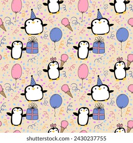 Birthday party animals seamless penguin pattern for wrapping paper and fabrics and linens and kids clothes print and festive accessories and summer print and zoo packaging and fashion textiles  - Powered by Shutterstock