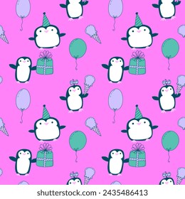 Birthday party animals seamless penguin pattern for wrapping paper and fabrics and linens and kids clothes print and festive accessories and summer print and zoo packaging and fashion textiles  - Powered by Shutterstock