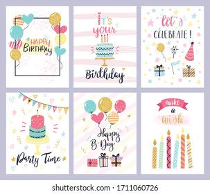 Birthday party cards. happy birthday pastel celebration postcards, invitation with candle, golden balloons and confetti, cake. kids cheerful holiday flyers  templates