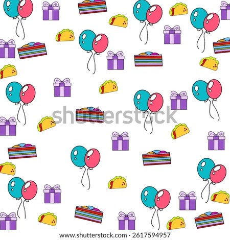 Birthday party pattern. Seamless vector background with cute colorful bday doodles. Hand drawn kids birthday illustration