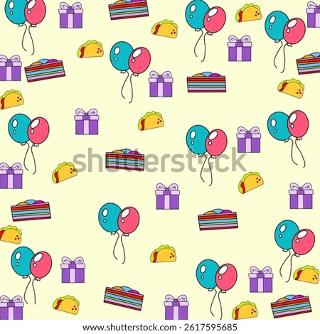 Birthday party pattern. Seamless vector background with cute colorful bday doodles. Hand drawn kids birthday illustration