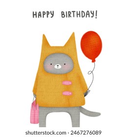 Birthday postcard with a cat and balloon. Festive happy birthday card for baby showers, anniversaries and birthday parties. Printable illustration typography print ready. Giftcard birthday invitation - Powered by Shutterstock