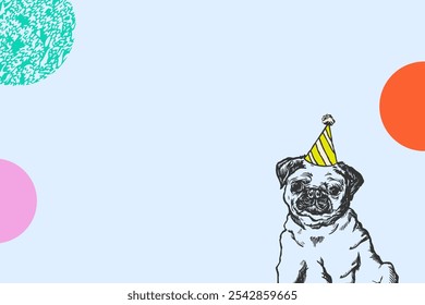 Birthday pug illustration, blue background image. Minimal colorful party background with cute pug dog wear party hat, light blue background with copy space design. Cute dog party background - Powered by Shutterstock