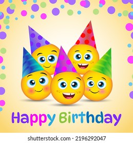 Birthday Smiley Greeting Card. Happy Friends, Funny Banner Design In Yellow Background With Colorful Text Illustration.