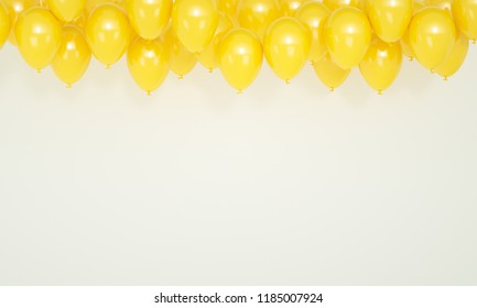 Birthday A Lot Of Yellow Balloons On White Background, 3d Render