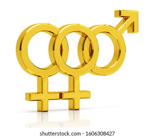 Bisexual Symbol 3d Render. Golden Bisexual Symbol Isolated On White Background.