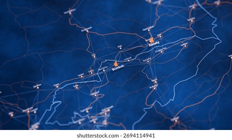 Bishkek map big data visualization. Futuristic map infographic of city in Kyrgyzstan. Visual map data complexity in modern blue and orange colors. 3D Illustration