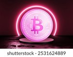 Bitcoin 3d illustration of a pink futuristic dome in the background and positioned on a plate as if in space or another planet