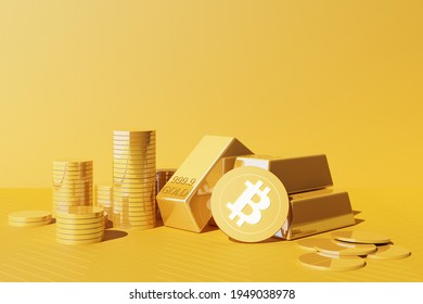 Bitcoin Is Becoming More Valuable Than Gold And Currency Today, Finance Concept In Yellow Color. 3d Rendering