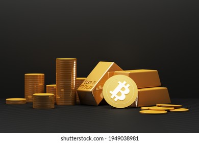 Bitcoin Is Becoming More Valuable Than Gold And Currency Today, Finance Concept In Black Color. 3d Rendering