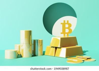 Bitcoin Is Becoming More Valuable Than Gold And Currency Today, Finance Concept In Yellow And Green Color. 3d Rendering