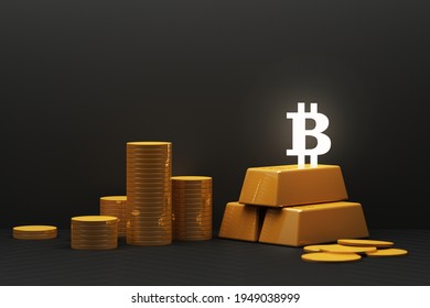 Bitcoin Is Becoming More Valuable Than Gold And Currency Today, Finance Concept In Black Color. 3d Rendering