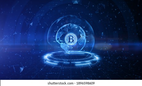Cifrado digital de la moneda de Bitcoin blockchain, intercambio digital de dinero, Concepto de fondo de conexiones de red global de tecnología. Representación 3D