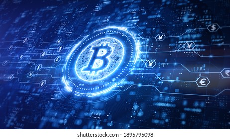 Bitcoin blockchain cryptocurrency digital encryption, Digital money exchange, Technology global network connections background concept. 3D Rendering
