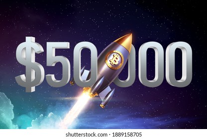 Bitcoin breaks $ 50000 barrier amid speculation over spin-off. Bitcoin logo rocket launcher, cryptocurrency concept. The growth rate of the gold coin for designers and breaking news. 3d render