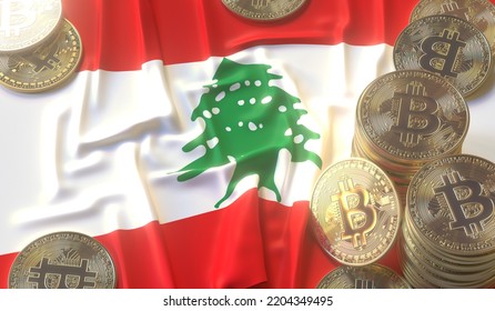 Bitcoin BTC Coins Or Tokens And Flag Of Lebanon. Crypto Market Related 3D Rendering