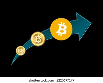 Bitcoin (btc) logo evolution with black background. First logo 2008. Second logo 2010. Final logo 2011.