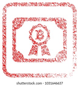 Bitcoin Certificate rubber seal stamp imitation. Icon raster symbol with grunge design and corrosion texture inside rounded squared frame. Scratched red stamp imitation of bitcoin certificate.