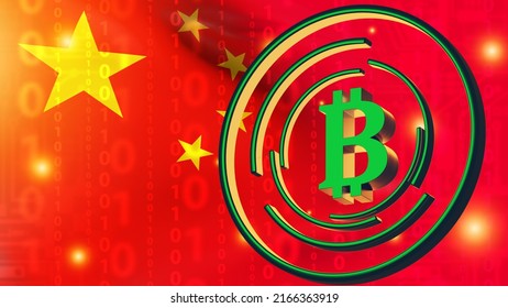 Bitcoin China. Use Of Cryptocurrencies In People's Republic Of China. PRC Flag With Virtual Payment System Logo. Bitcoin Mining In China. Mining Blockchain Money. Digital Yuan. 3d Rendering.