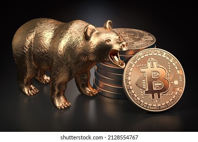 Bitcoin Coin With Bear On Black Background. Bearish Market Of BTC. 3d Illustration