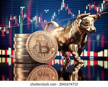 Bitcoin Coin With Bull And Stock Chart. Bullish Market Of BTC. 3d Illustration